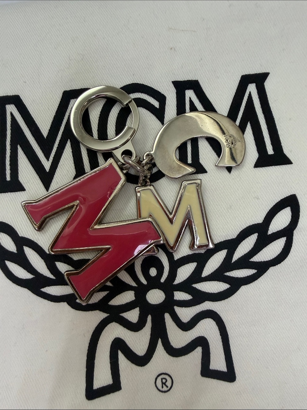 MCM Pink and Cream Enamel Logo Keyring with Silver Hardware